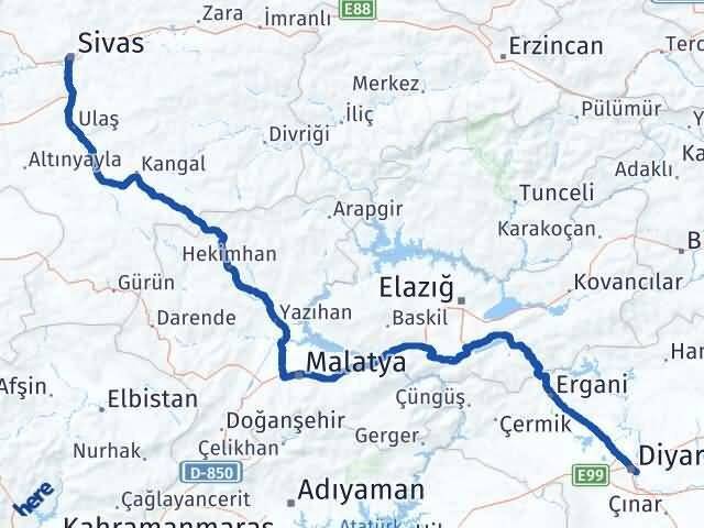 Sivas Sur Diyarbakır Arası Kaç Km - Yol Haritası