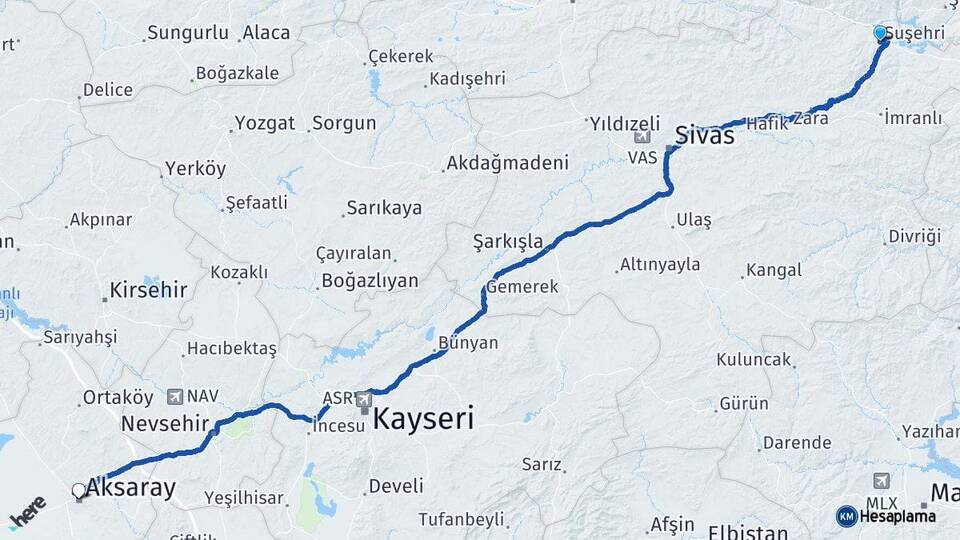 Sivas Suşehri Aksaray Arası Kaç Km - Yol Haritası