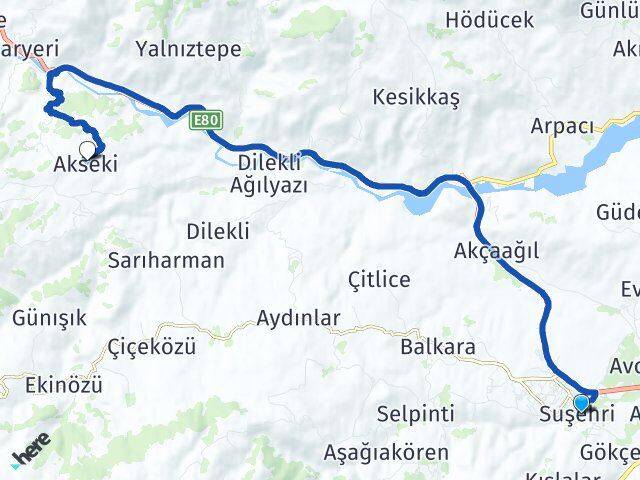 Sivas Suşehri Akseki Koyulhisar Arası Kaç Km - Yol Haritası
