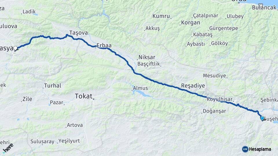 Sivas Suşehri Amasya Arası Kaç Km - Yol Haritası