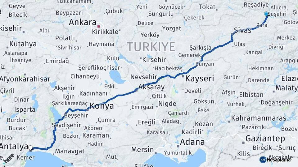 Sivas Suşehri Antalya Arası Kaç Km - Yol Haritası