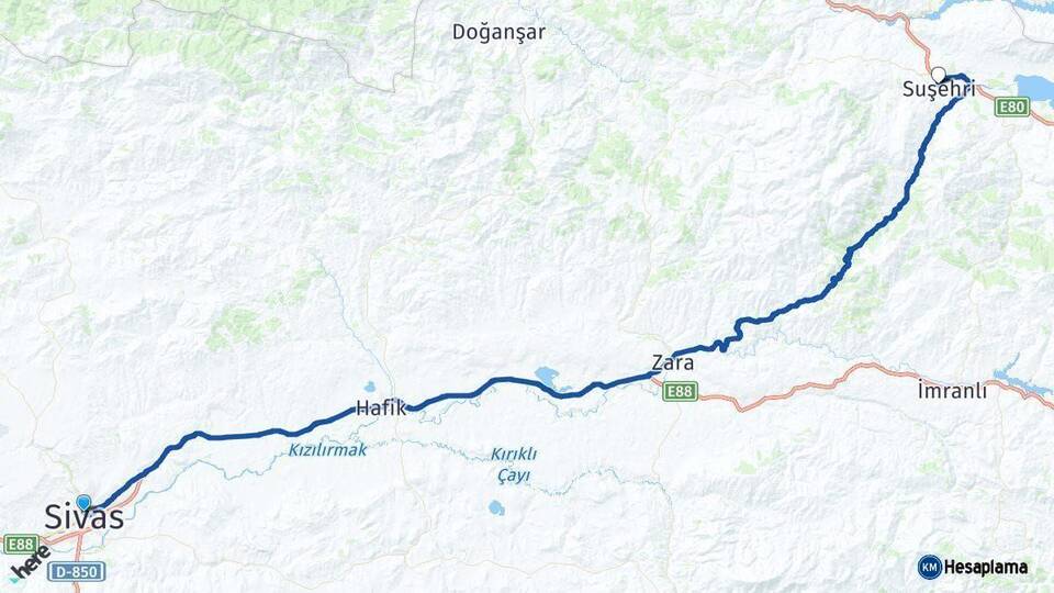 Sivas Suşehri Arası Kaç Km - Yol Haritası