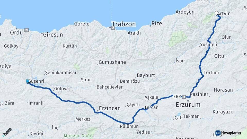 Sivas Suşehri Artvin Arası Kaç Km - Yol Haritası