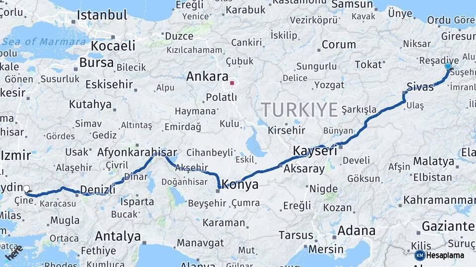 Sivas Suşehri Aydın Arası Kaç Km - Yol Haritası
