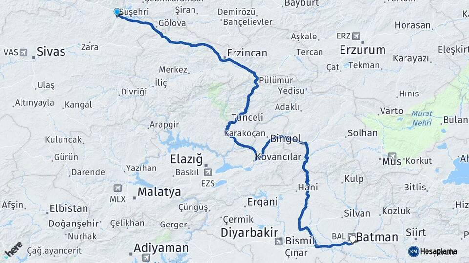 Sivas Suşehri Batman Arası Kaç Km - Yol Haritası