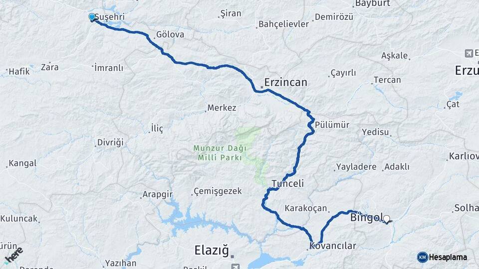Sivas Suşehri Bingöl Arası Kaç Km - Yol Haritası