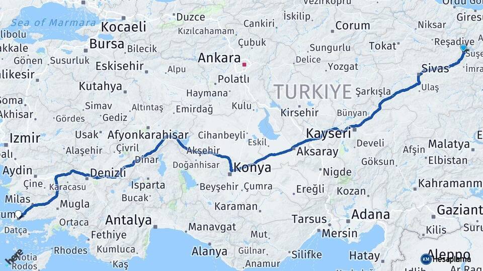 Sivas Suşehri Bodrum Muğla Arası Kaç Km - Yol Haritası