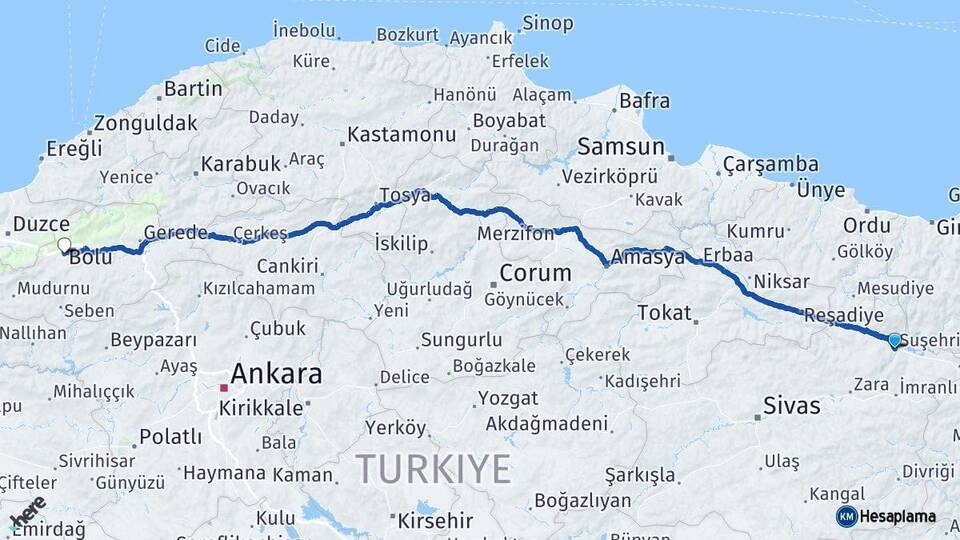 Sivas Suşehri Bolu Arası Kaç Km - Yol Haritası