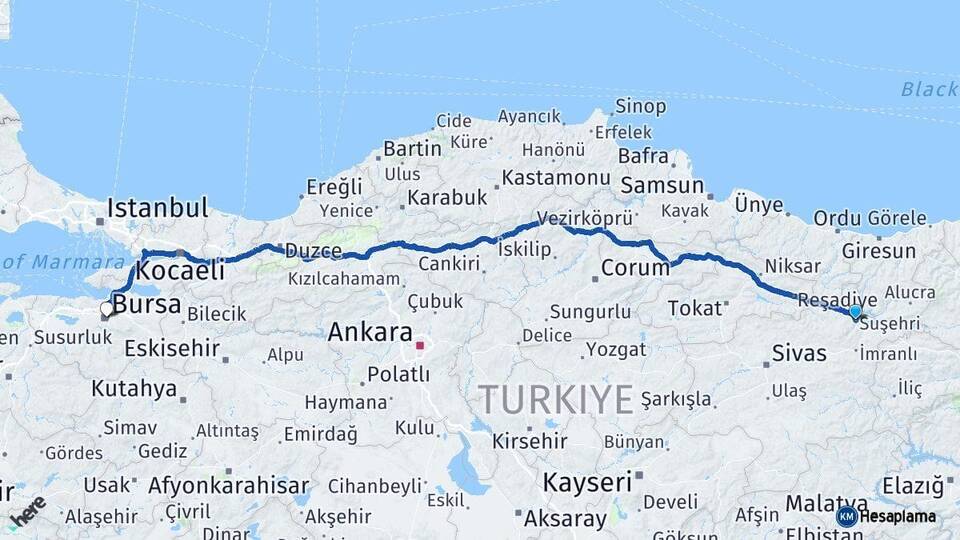 Sivas Suşehri Bursa Arası Kaç Km - Yol Haritası