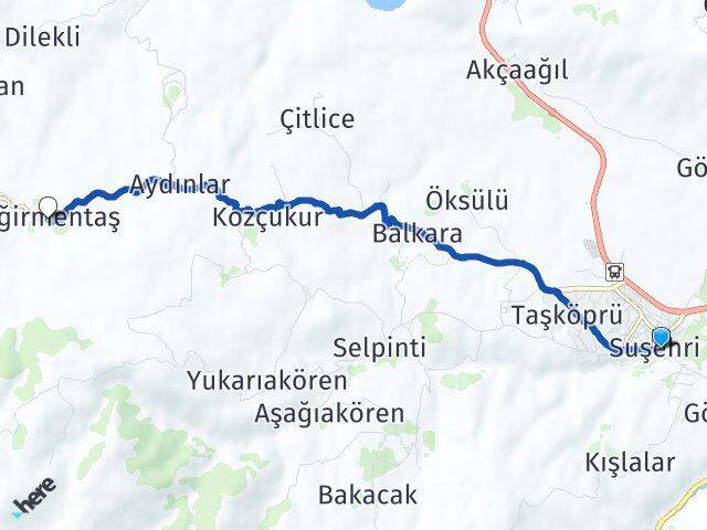 Sivas Suşehri Değirmentaş Koyulhisar Arası Kaç Km - Yol Haritası