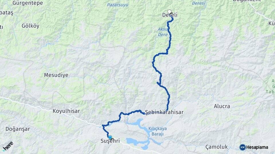 Sivas Suşehri Dereli Giresun Arası Kaç Km - Yol Haritası