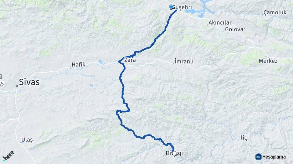 Sivas Suşehri Divriği Arası Kaç Km - Yol Haritası