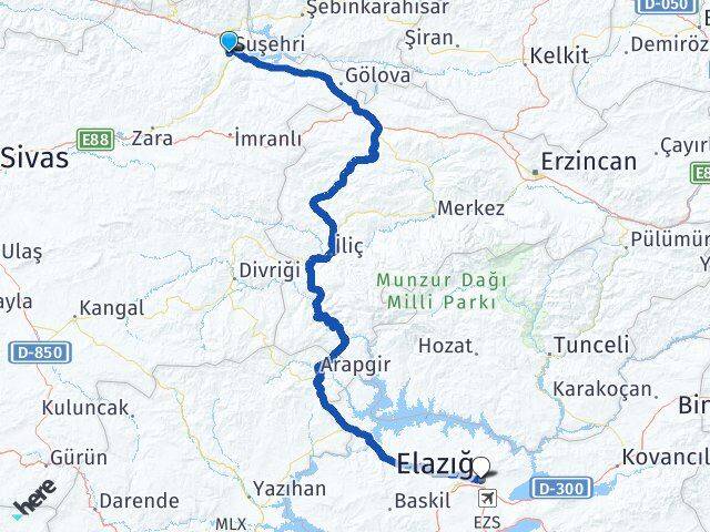 Sivas Suşehri Elazığ Arası Kaç Km - Yol Haritası
