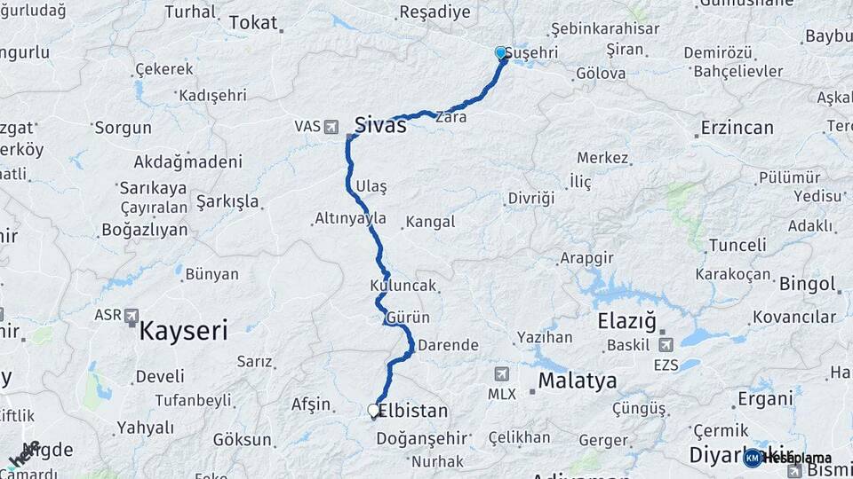 Sivas Suşehri Elbistan Kahramanmaraş Arası Kaç Km - Yol Haritası