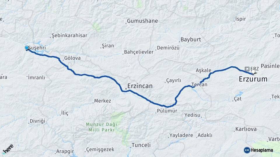 Sivas Suşehri Erzurum Arası Kaç Km - Yol Haritası