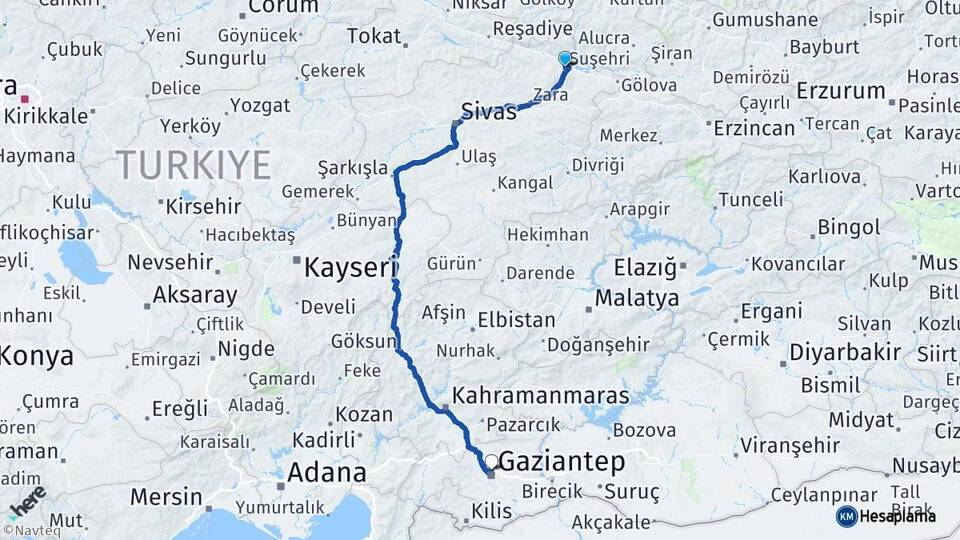 Sivas Suşehri Gaziantep Arası Kaç Km - Yol Haritası