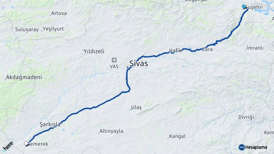 Sivas Suşehri Gemerek Arası Kaç Km - Yol Haritası