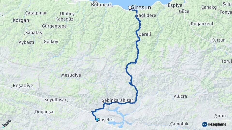 Sivas Suşehri Giresun Arası Kaç Km - Yol Haritası