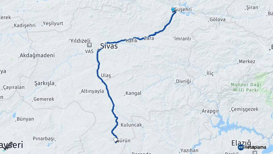 Sivas Suşehri Gürün Arası Kaç Km - Yol Haritası
