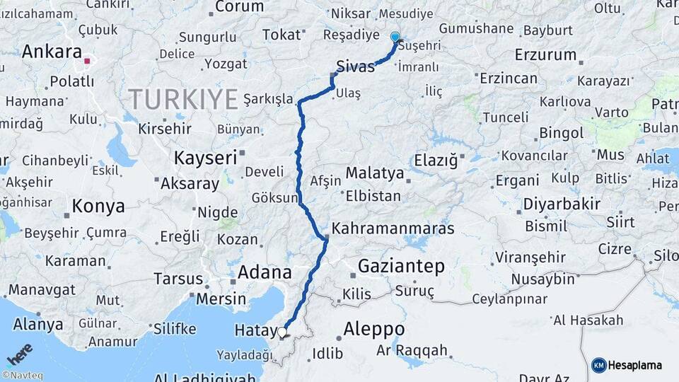 Sivas Suşehri Hatay Arası Kaç Km - Yol Haritası