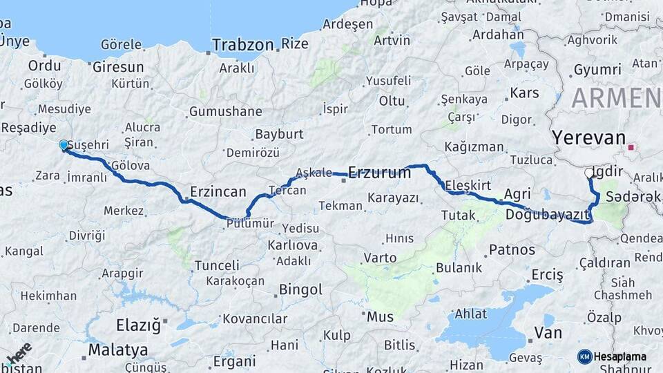 Sivas Suşehri Iğdır Arası Kaç Km - Yol Haritası