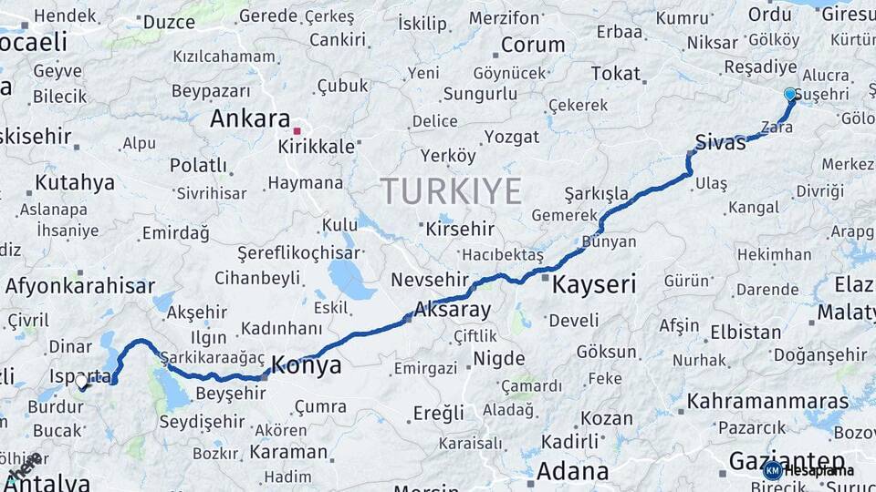 Sivas Suşehri Isparta Arası Kaç Km - Yol Haritası
