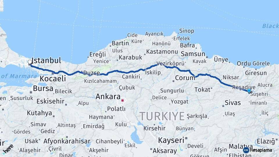 Sivas Suşehri İstanbul Arası Kaç Km - Yol Haritası