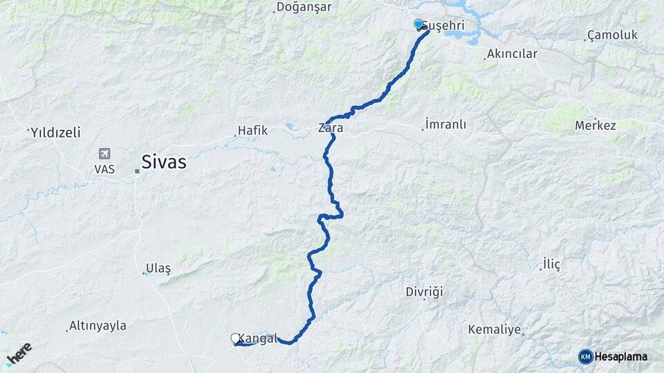 Sivas Suşehri Kangal Arası Kaç Km - Yol Haritası