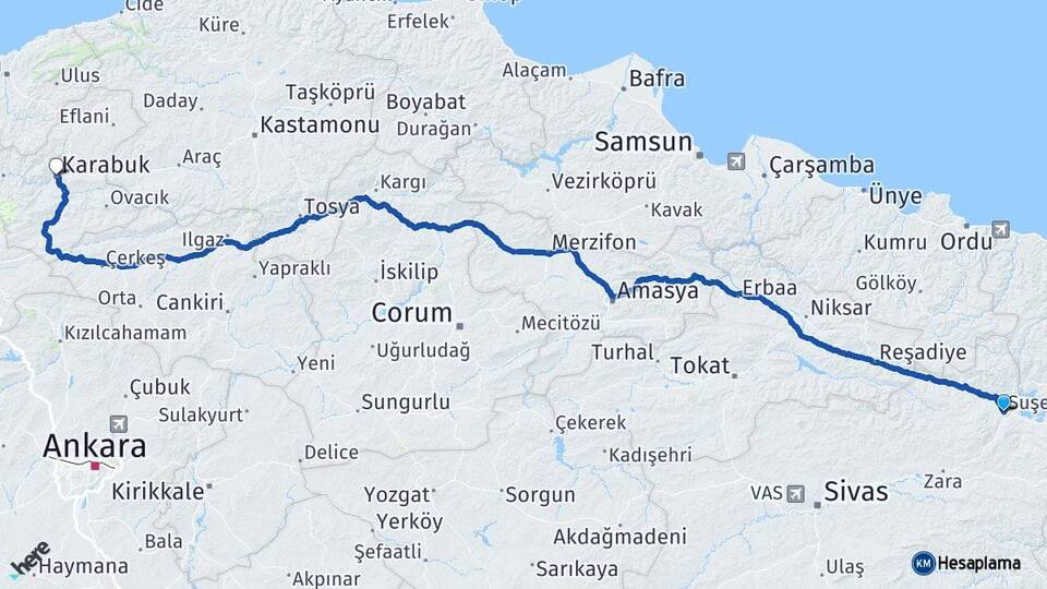Sivas Suşehri Karabük Arası Kaç Km - Yol Haritası