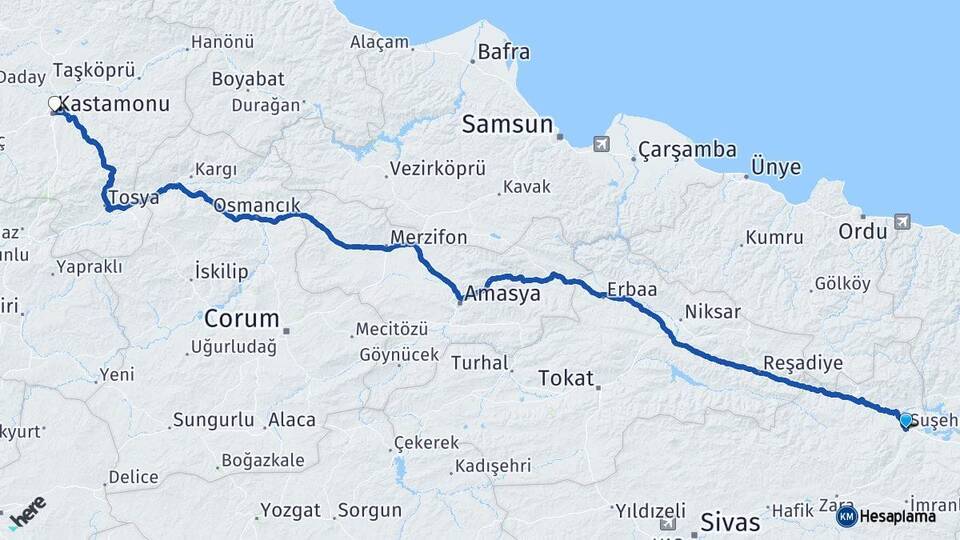 Sivas Suşehri Kastamonu Arası Kaç Km - Yol Haritası