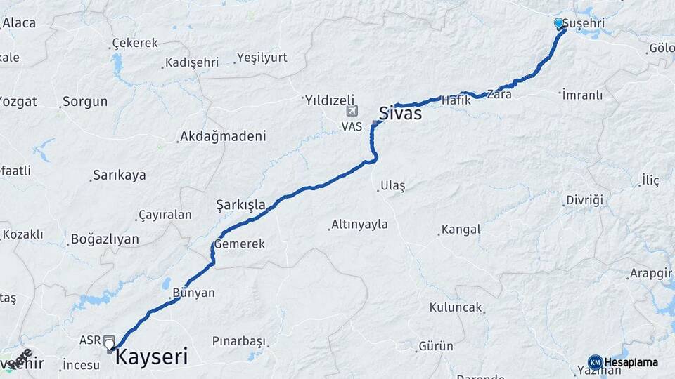 Sivas Suşehri Kayseri Arası Kaç Km - Yol Haritası
