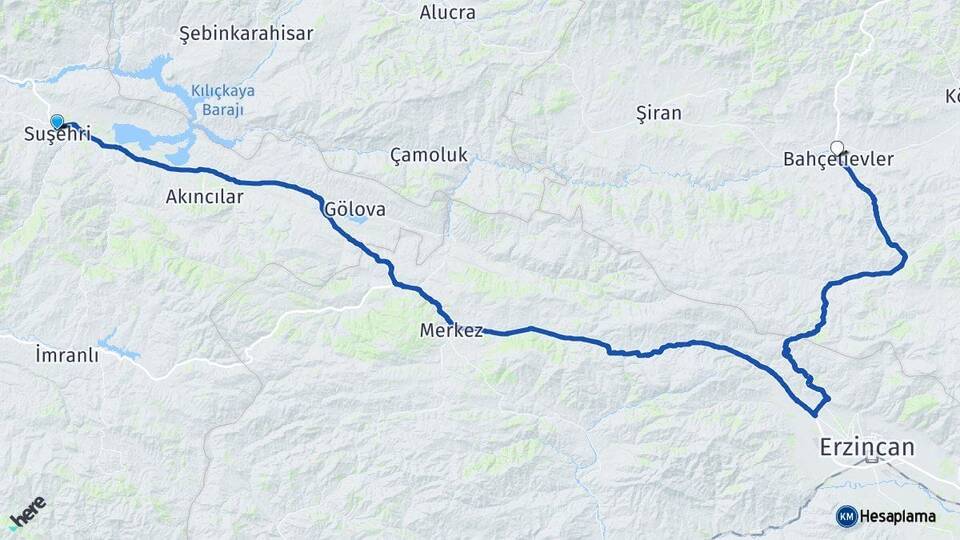 Sivas Suşehri Kelkit Gümüşhane Arası Kaç Km - Yol Haritası