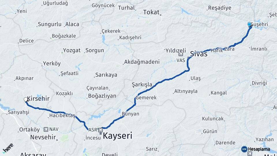 Sivas Suşehri Kırşehir Arası Kaç Km - Yol Haritası