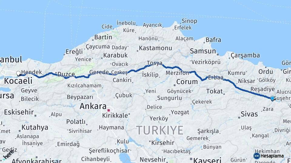 Sivas Suşehri Kocaeli Arası Kaç Km - Yol Haritası