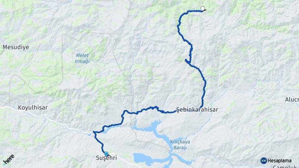 Sivas Suşehri Kümbet Dereli Giresun Arası Kaç Km - Yol Haritası