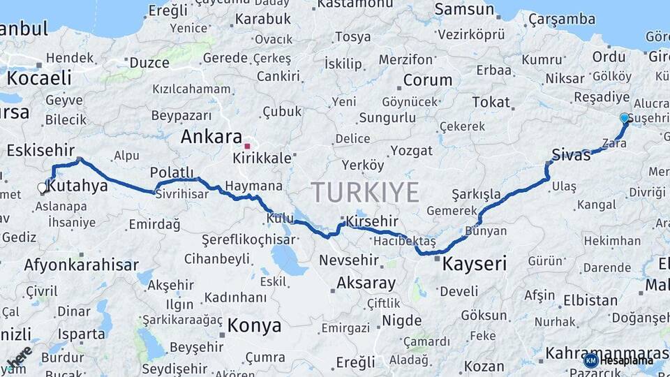 Sivas Suşehri Kütahya Arası Kaç Km - Yol Haritası