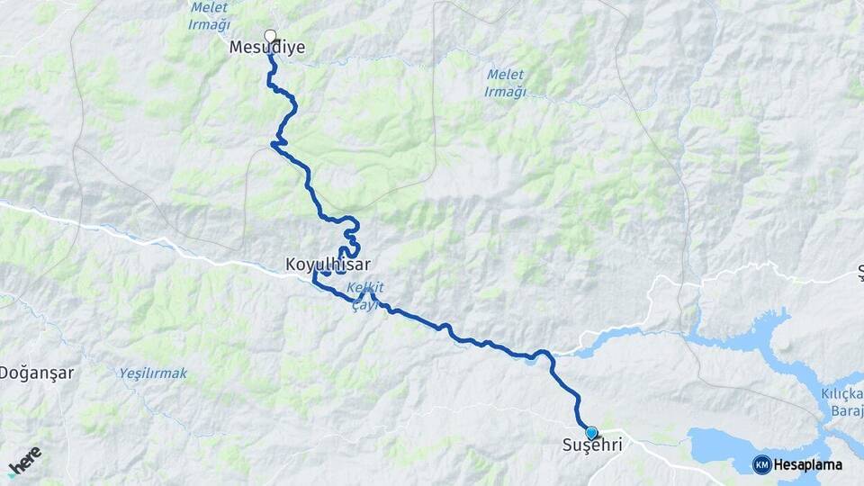 Sivas Suşehri Mesudiye Ordu Arası Kaç Km - Yol Haritası
