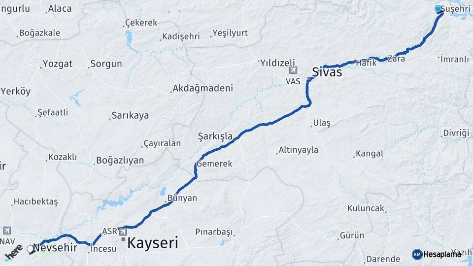 Sivas Suşehri Nevşehir Arası Kaç Km - Yol Haritası