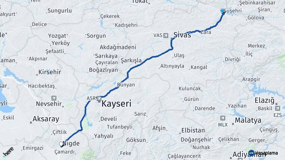 Sivas Suşehri Niğde Arası Kaç Km - Yol Haritası