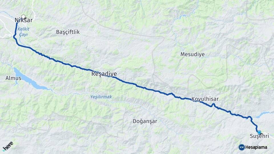 Sivas Suşehri Niksar Tokat Arası Kaç Km - Yol Haritası