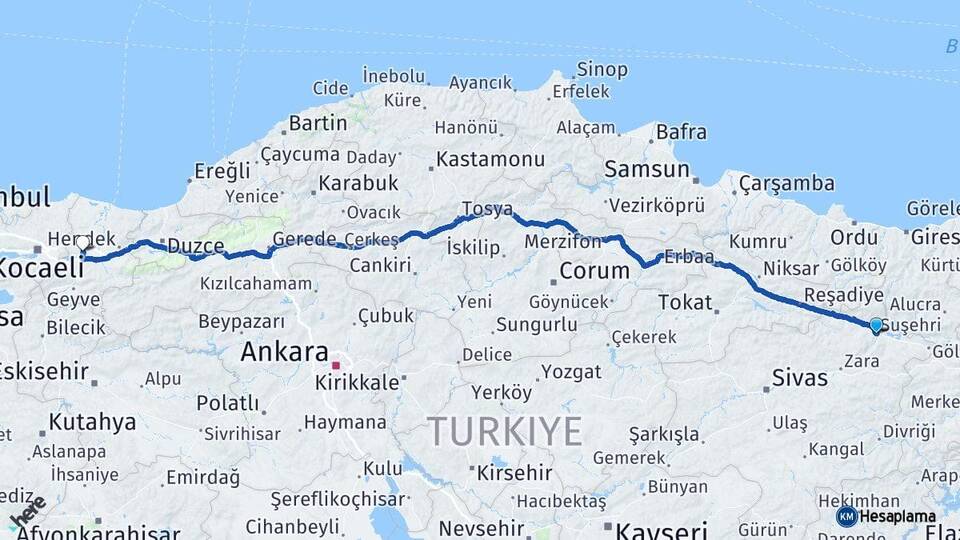Sivas Suşehri Sakarya Arası Kaç Km - Yol Haritası