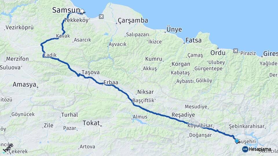 Sivas Suşehri Samsun Arası Kaç Km - Yol Haritası