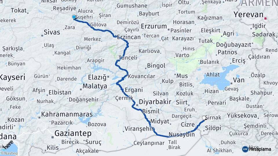Sivas Suşehri Şırnak Arası Kaç Km - Yol Haritası