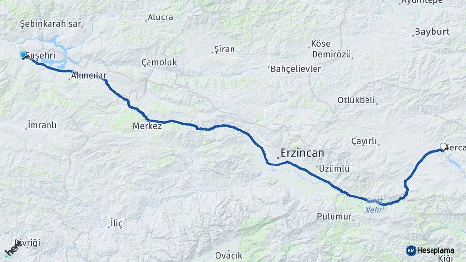 Sivas Suşehri Tercan Erzincan Arası Kaç Km - Yol Haritası