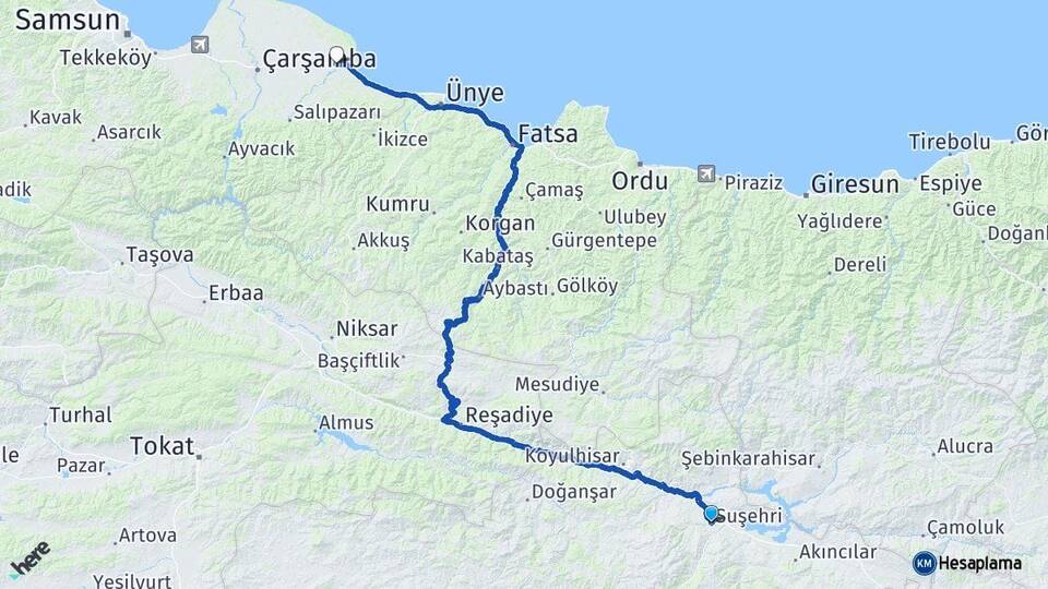 Sivas Suşehri Terme Samsun Arası Kaç Km - Yol Haritası