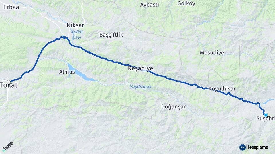 Sivas Suşehri Tokat Arası Kaç Km - Yol Haritası