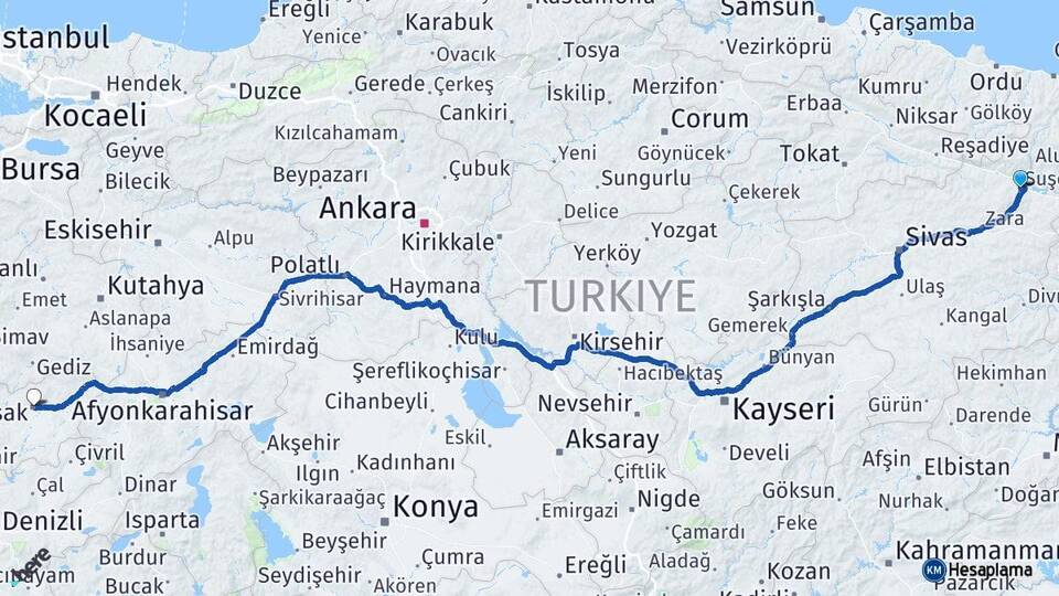 Sivas Suşehri Uşak Arası Kaç Km - Yol Haritası
