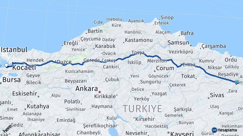 Sivas Suşehri Yalova Arası Kaç Km - Yol Haritası