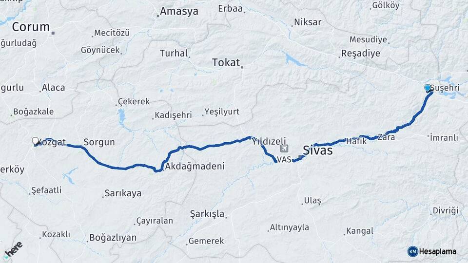 Sivas Suşehri Yozgat Arası Kaç Km - Yol Haritası