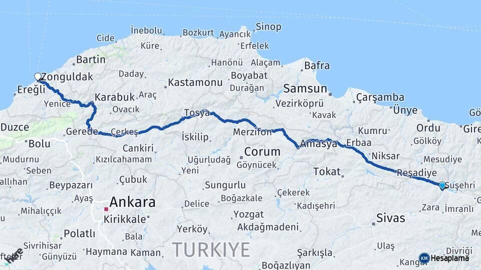 Sivas Suşehri Zonguldak Arası Kaç Km - Yol Haritası